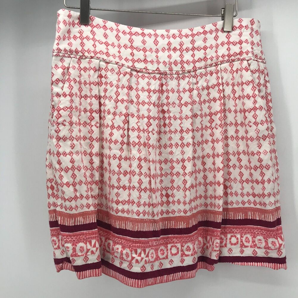 LOFT Skirt Womens 6 Pink White Tribal Print Pockets Linen Blend Skater A Line